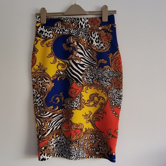 Bodycon Stretch Pencil Skirt Multi colour Baroque Animal Print Tiger Patchy Boho - Picture 1 of 5